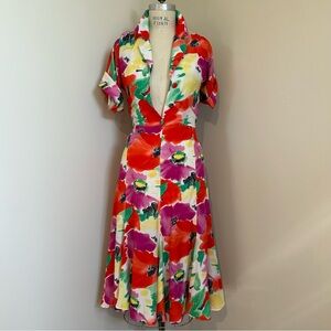 VTG 80s Kenar 2 Floral Midi Dress Rayon Poppy Sz 4